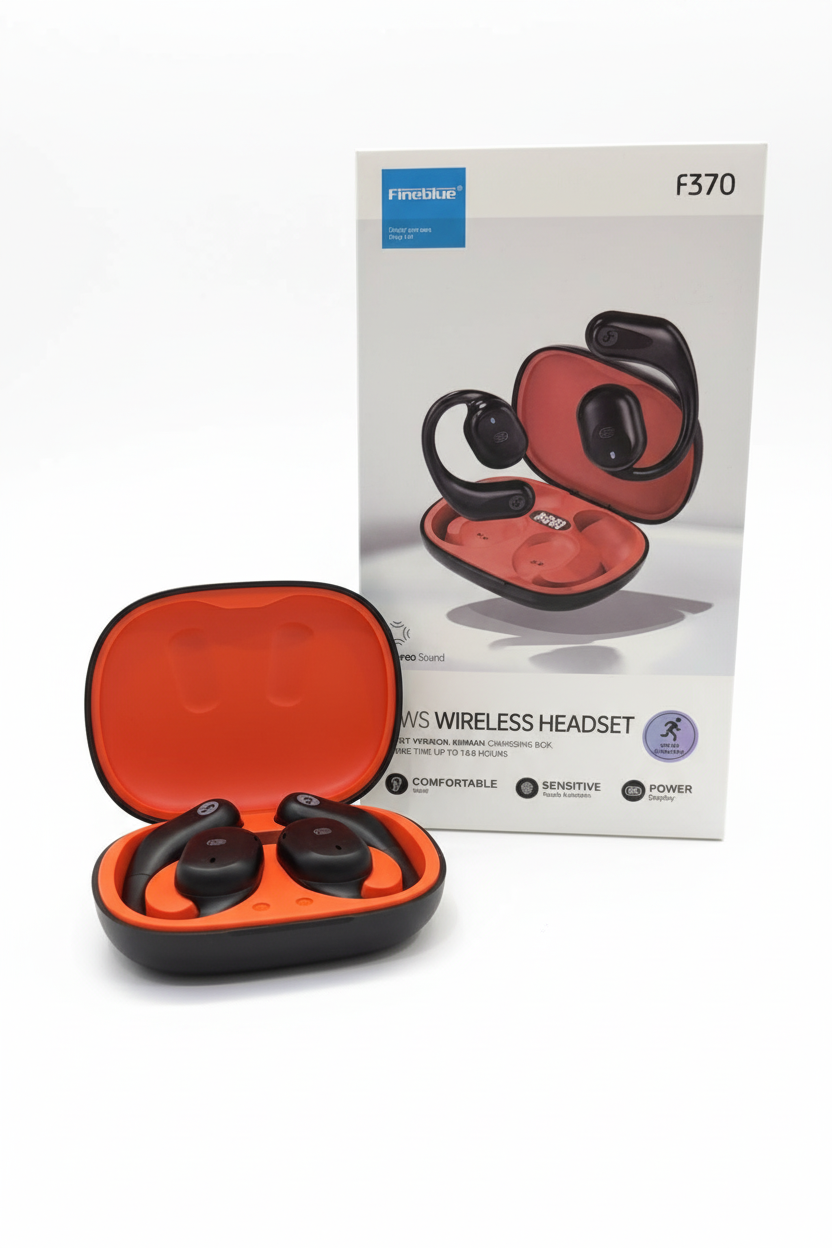 Audífonos F370 con estuche y caja en fondo blanco