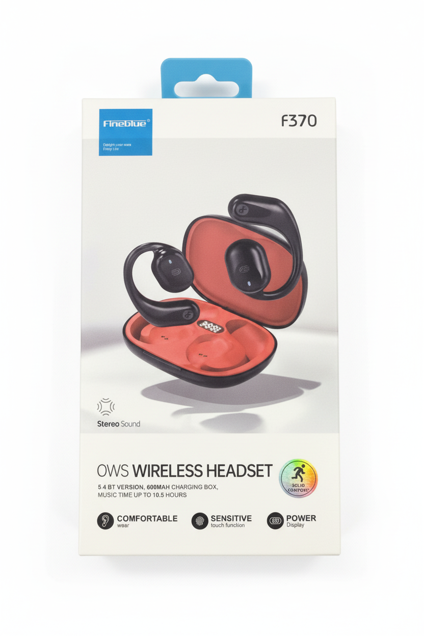 Empaque Audífonos F370 con fondo blanco